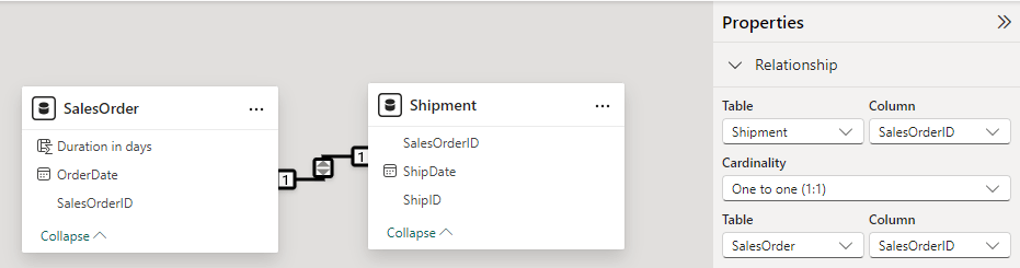 Figure 3.3. Power BI DATEDIFF between two tables 1 to 1 relationship