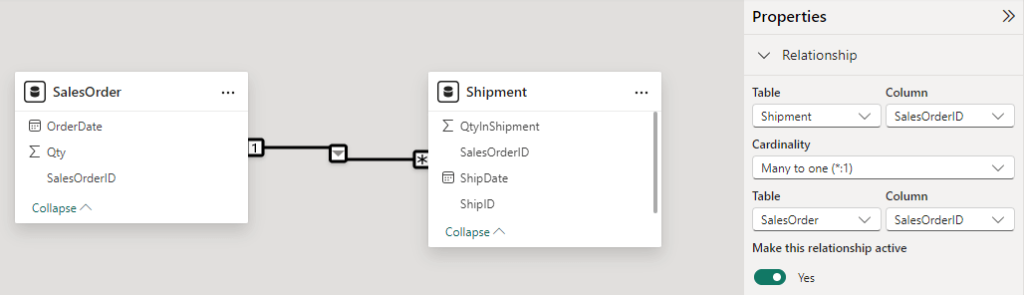 Figure 3.4. Power BI DATEDIFF between two tables 1 to many relationship