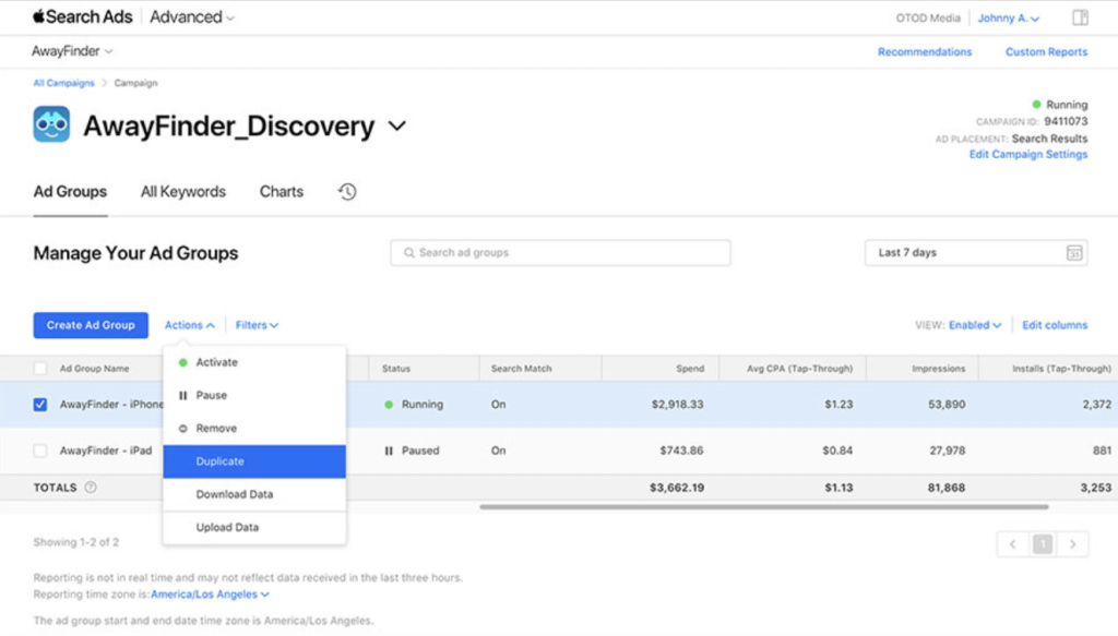apple search ads campaigns dashboard ad groups