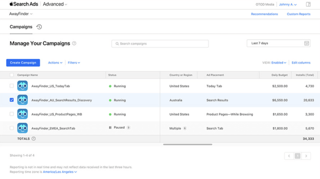 apple search ads campaigns dashboard main