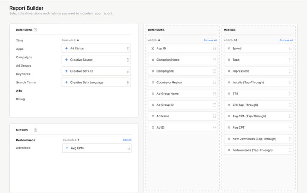 apple search ads custom reports
