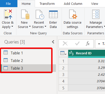 loaded data sources power query