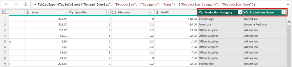 merged table data