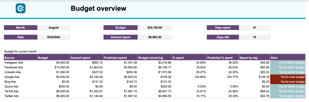 Monthly budget dashboard for Google Ads + 7 other PPC platforms in Google Sheets - details