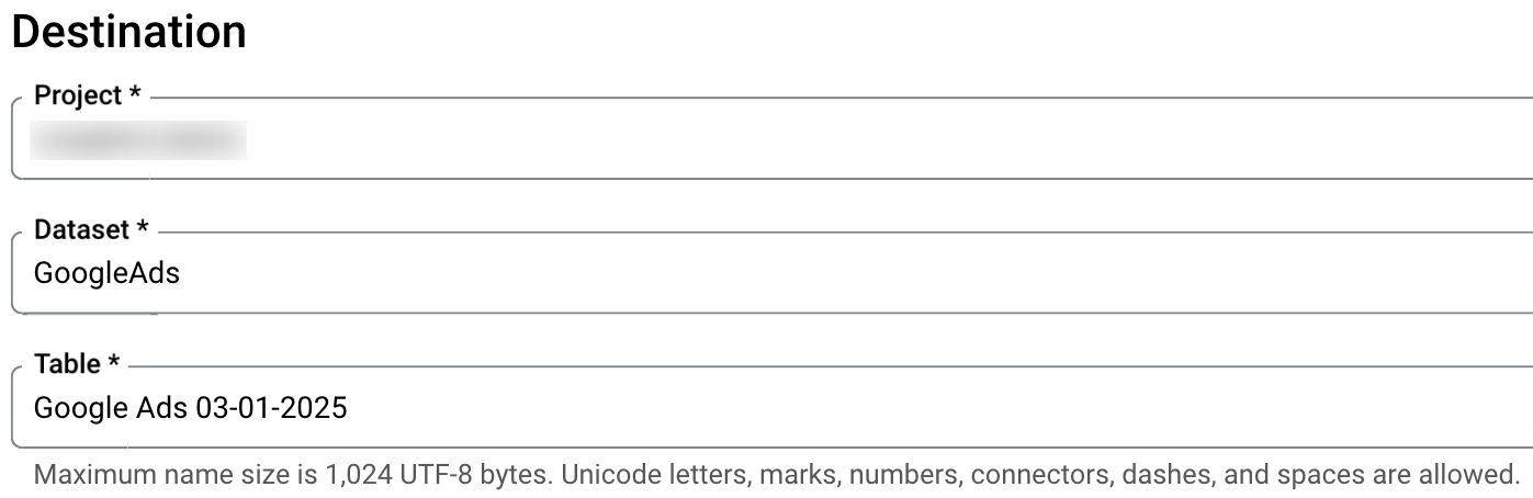 11. Specifying the table name for the report uploaded to BigQuery