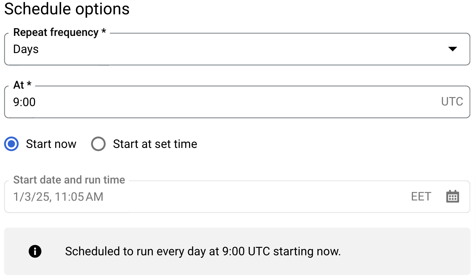 16. Specifying the repeat frequency, start date, and run time for the data transfer being created in BigQuery