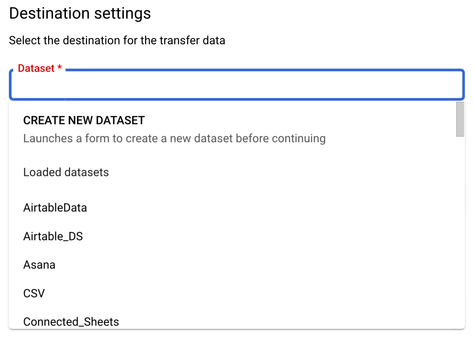 17. Selecting or creating a dataset for the data transfer being created in BigQuery