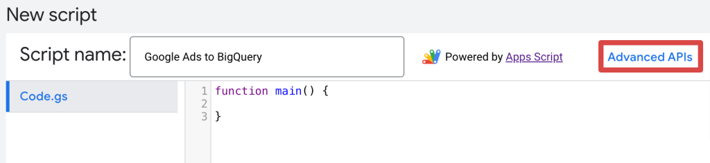22. Clicking Advanced APIs when creating a script in Google Ads