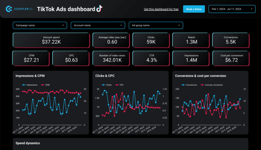 TikTok Ads dashboard in Looker Studio
