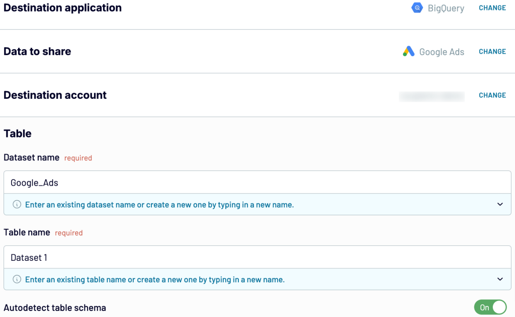 4. BigQuery destination settings with Coupler.io