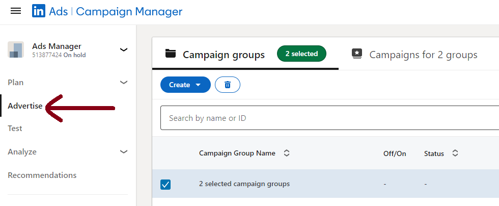 6 Advertise menu in LI Ads Manager