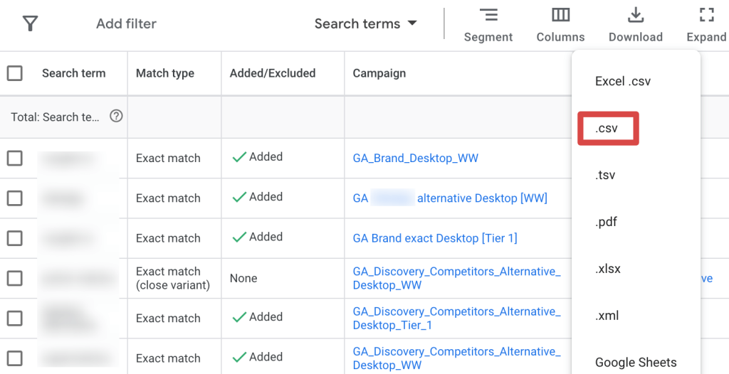 8. Specifying .csv as the format for downloading the report from Google Ads