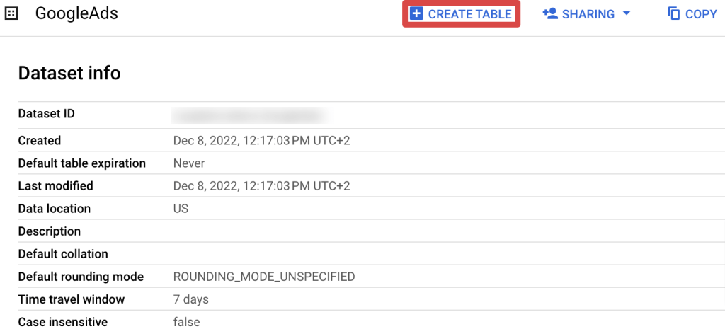9. Creating a table within a BigQuery dataset