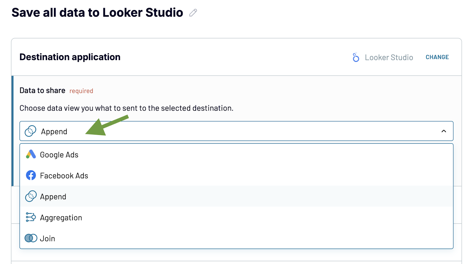 selecciona el conjunto de datos añadido para enviarlo a Looker Studio