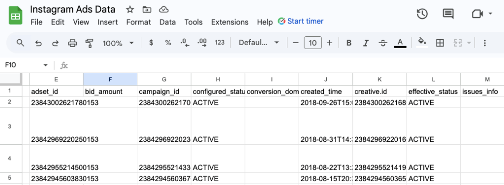 10 Instagram Data GoogleSheets