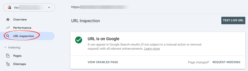 Figure 1. URL Inspection in GSC web interface