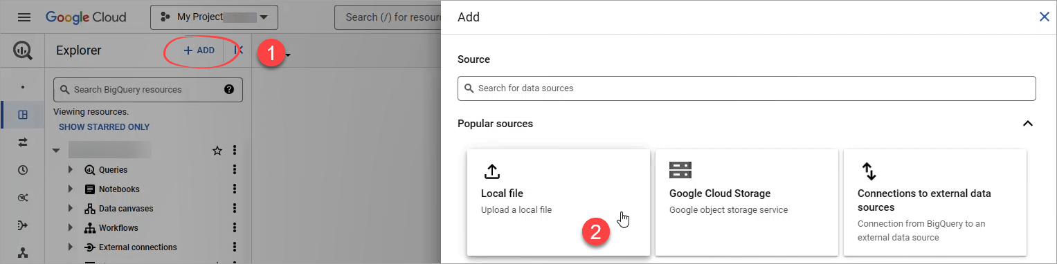 El botón ADD en BigQuery