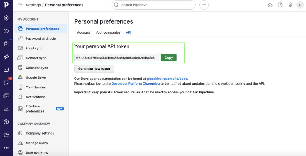 Figure 5.2.1. Copying the Pipedrive API token