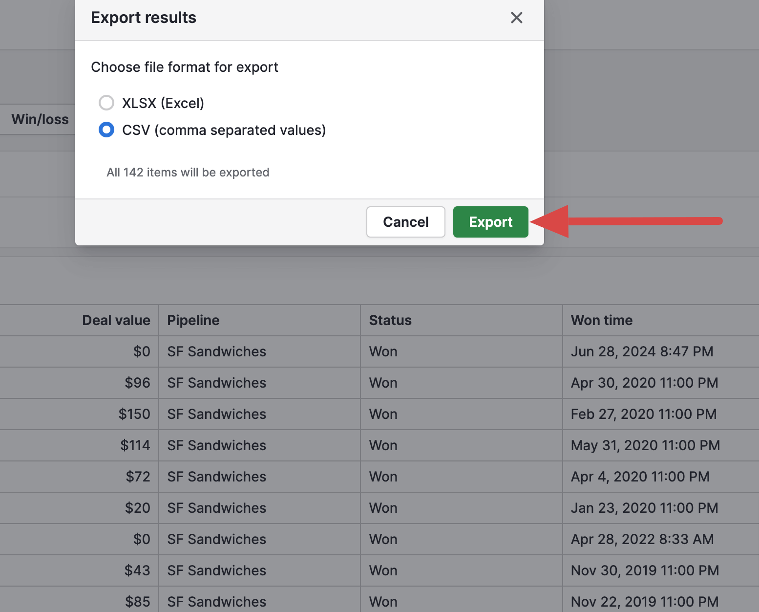 Exporting data natively as a .csv file from Pipedrive, a CRM platform