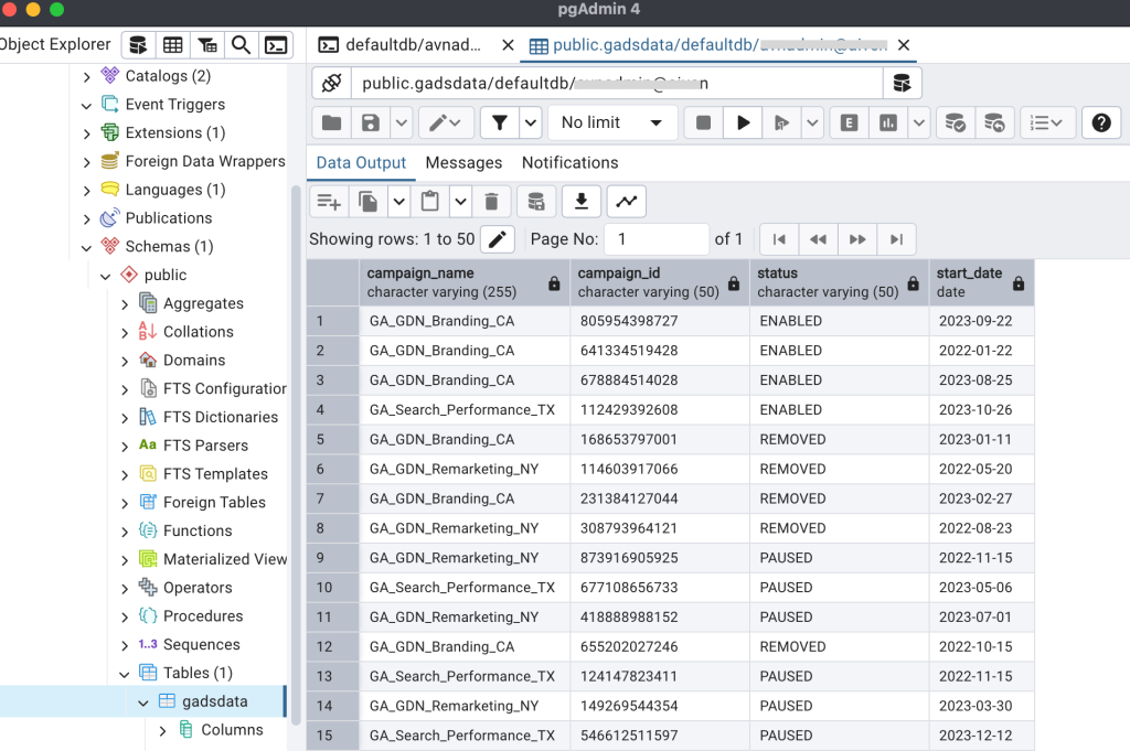 google ads data in postgres
