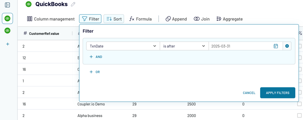2. Filtering QuickBooks data with Coupler.io