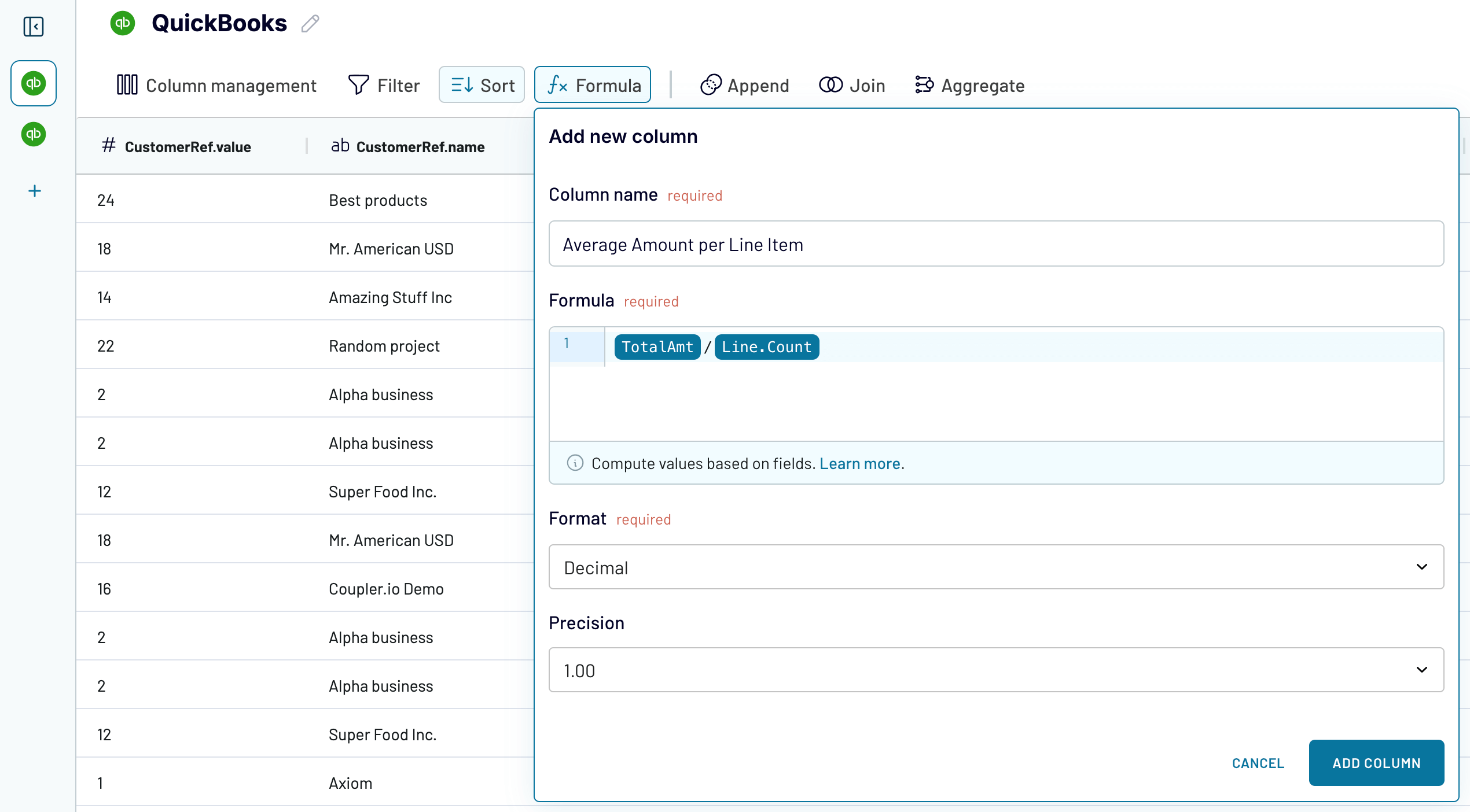 Création d'une mesure personnalisée basée sur les données de QuickBooks avec Coupler.io