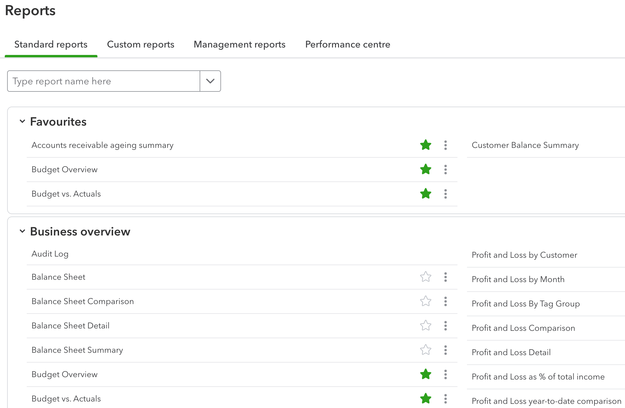 Onglet Rapports dans QuickBooks
