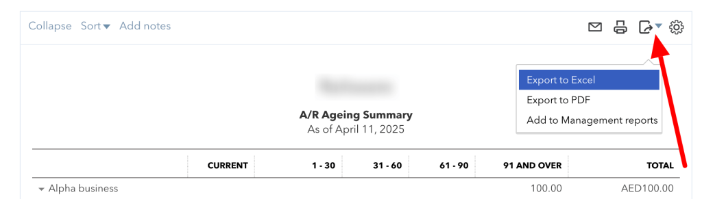 9. Exporting an individual report from QuickBooks manually