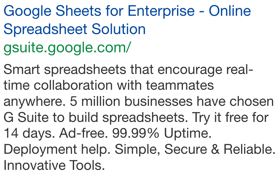 Google Sheets ad on Google Ads