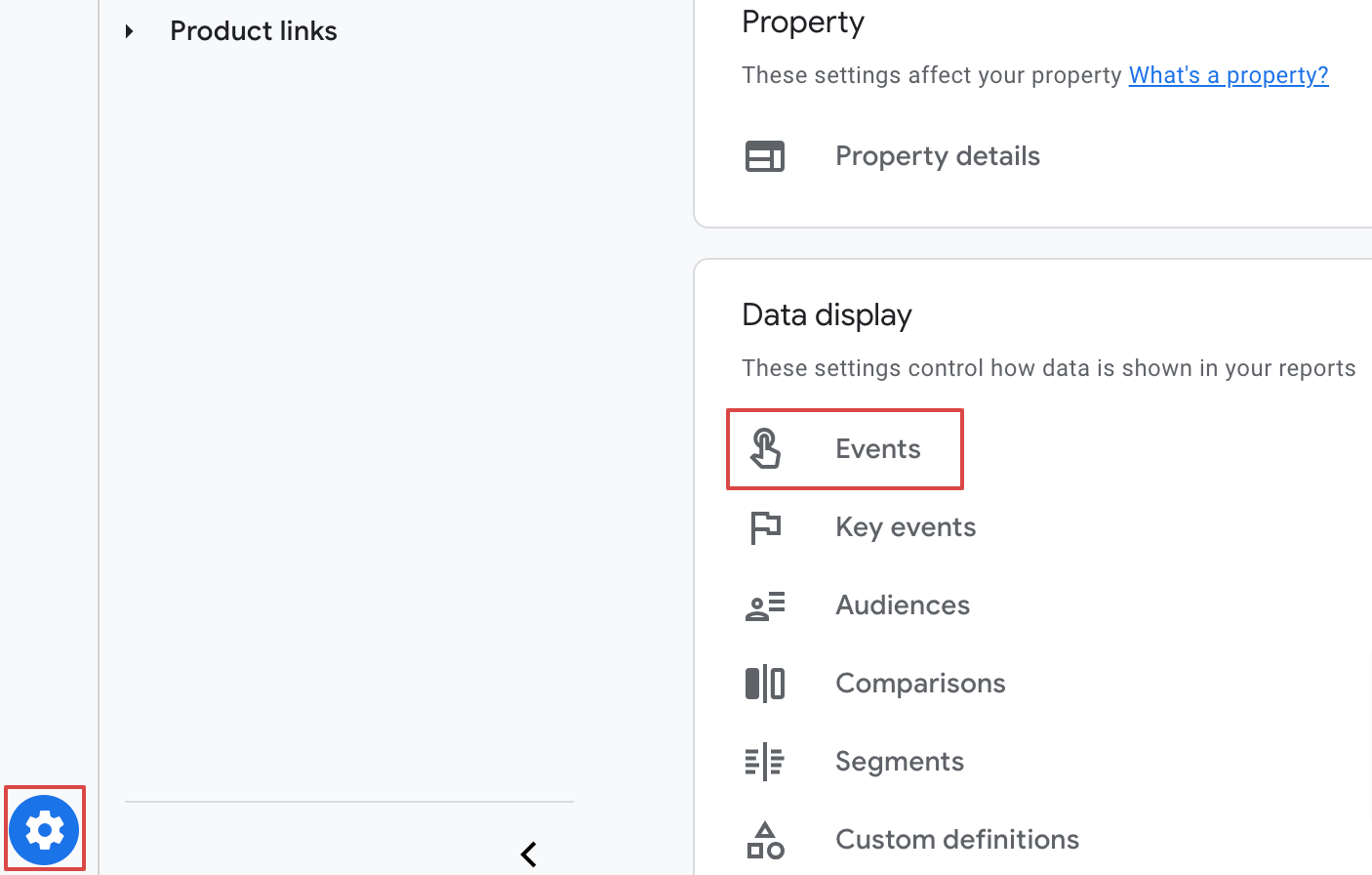 Heading to Events settings in Google Analytics 4