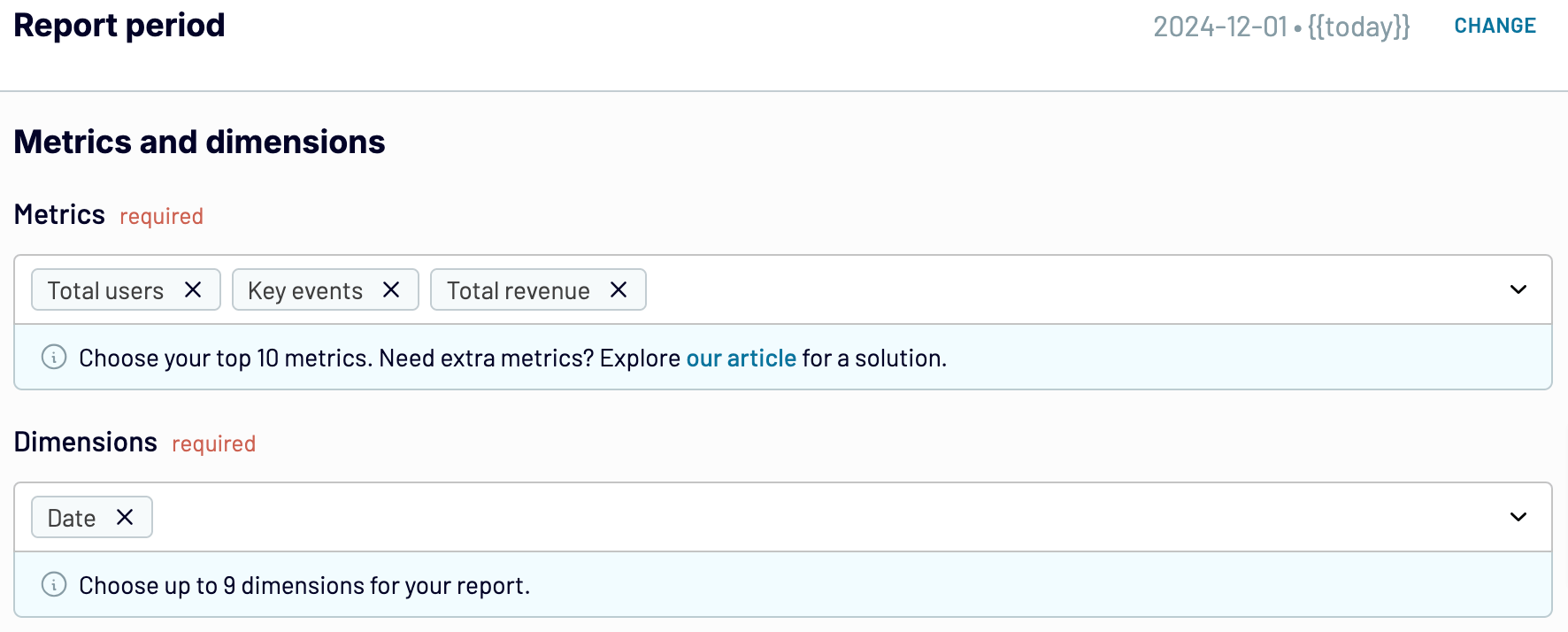 Specifying the report period and Google Analytics metrics for data export with Coupler.io