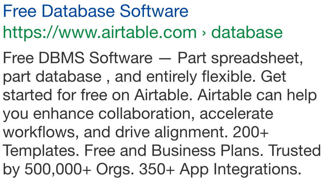 Airtable ad on Google Ads