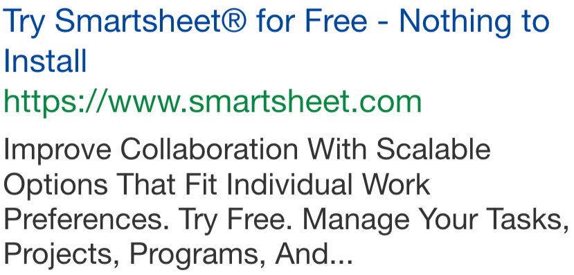 Smartsheet ad on Google Ads