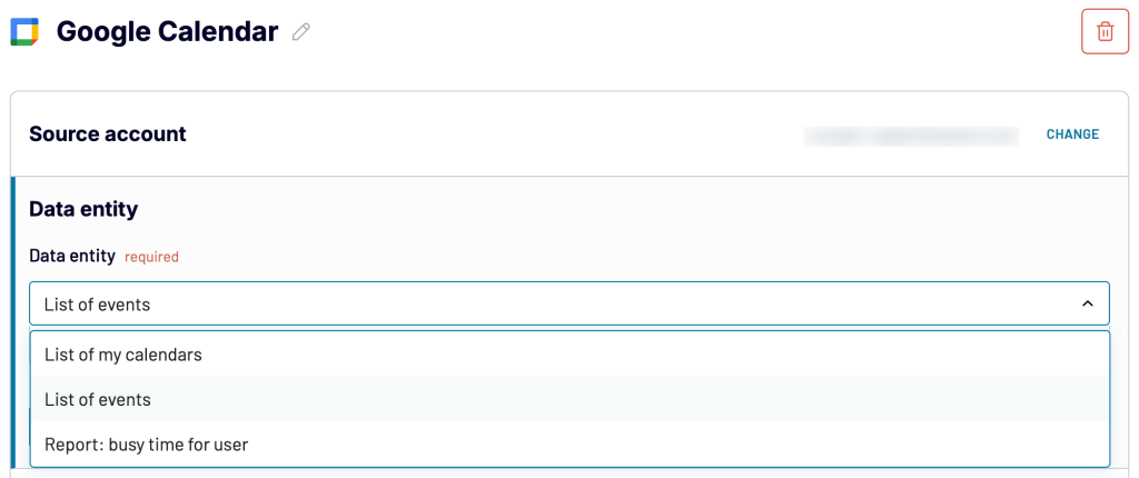 1. Choosing the Google Calendar data entity for exporting with Coupler.io.png