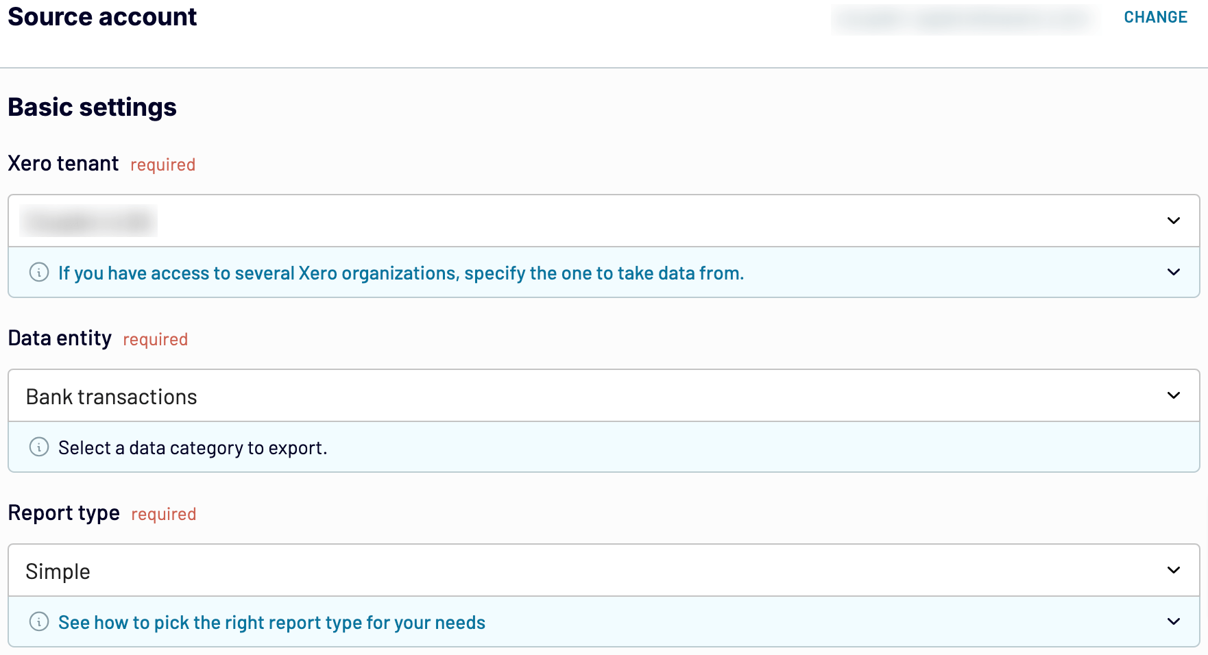 Adjusting the source settings for Xero with Coupler.io