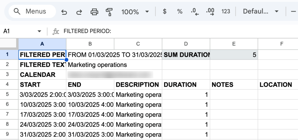 10. Data exported from Google Calendar into Google Sheets with the Calendar to Sheet add on