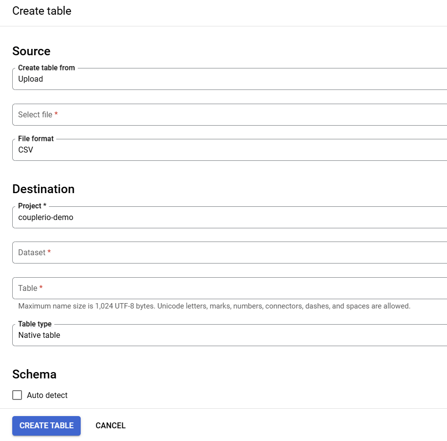 create bigquery table