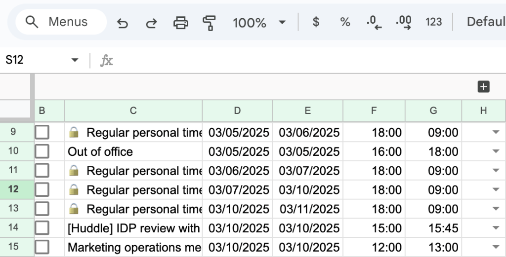 12. Google Calendar data exported into Google Sheets with the Sheets2GCal add on