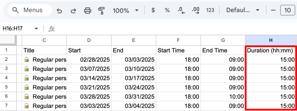 13. Calculating the duration of events in Google Sheets