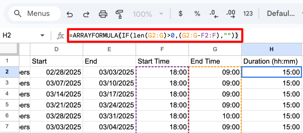 14. Calculating the duration of events in Google Sheets using the ARRAYFORMULA function