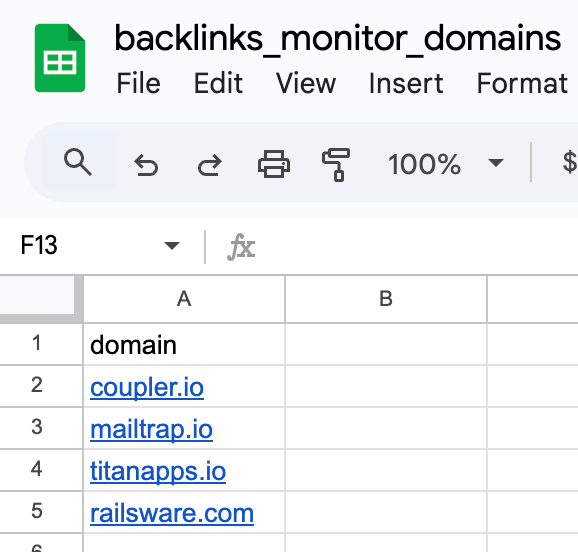spreadsheet with domains