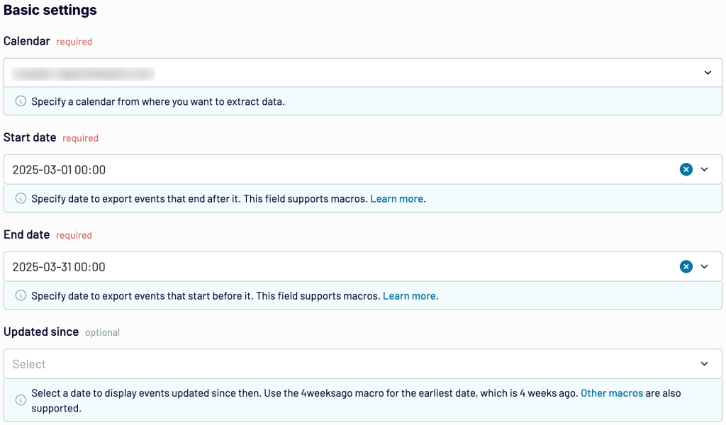 2. Adjusting the basic source settings for exporting Google Calendar data with Coupler.io