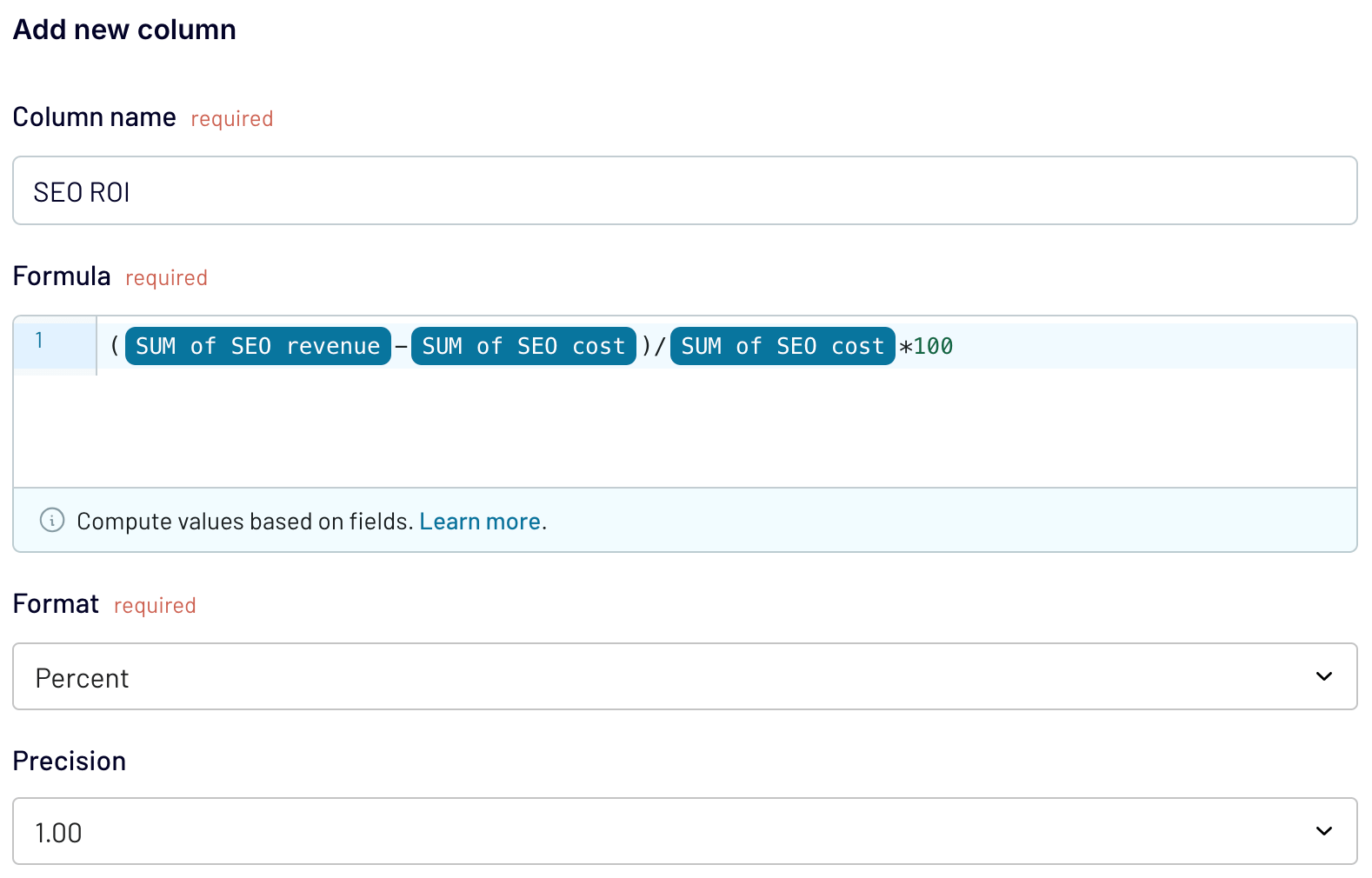 Calculating SEO ROI by creating a calculable column with Coupler.io