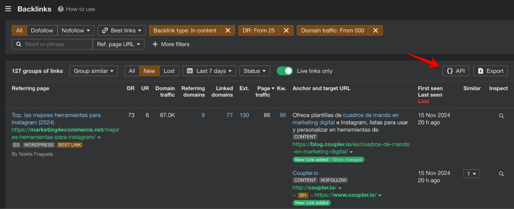 api button in ahrefs interface