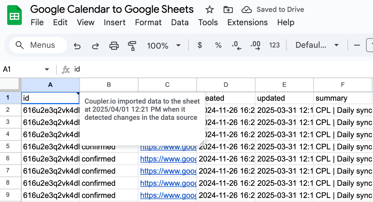 7.1. Google Calendar data exported into Google Sheets with Coupler.io