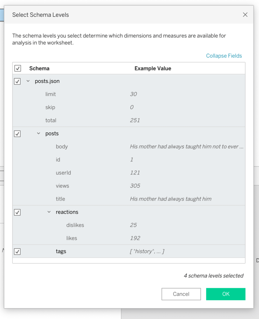select json schema to import