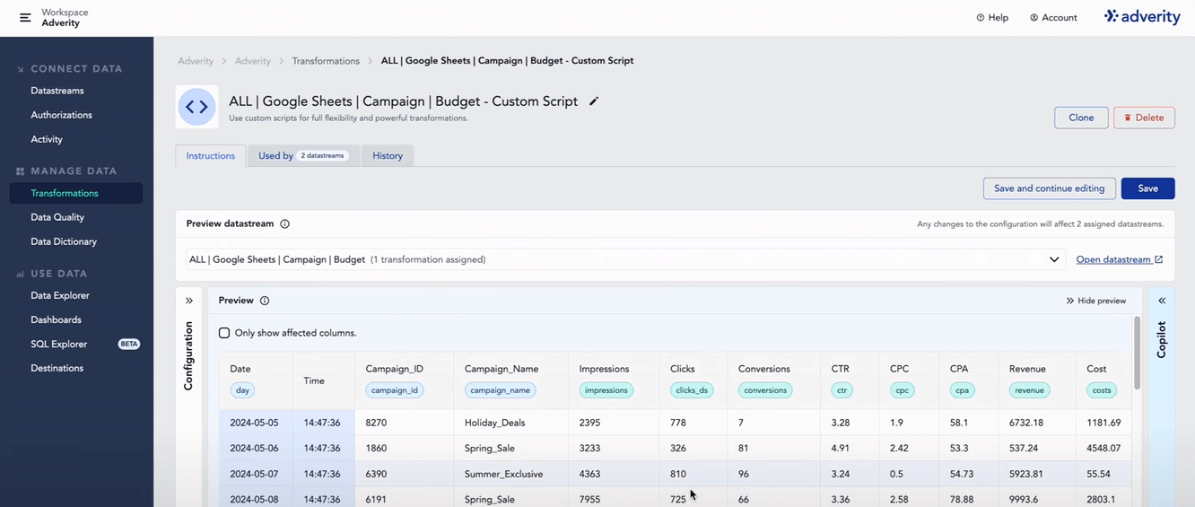 Transformación de datos de Adverity