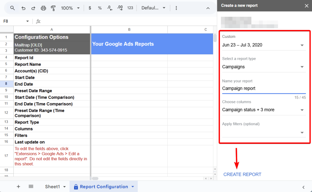 create report google ads add on
