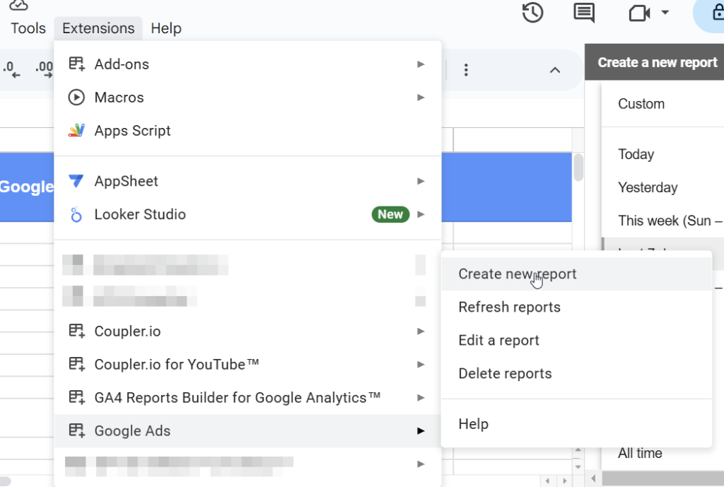 create new report google ads in google sheets