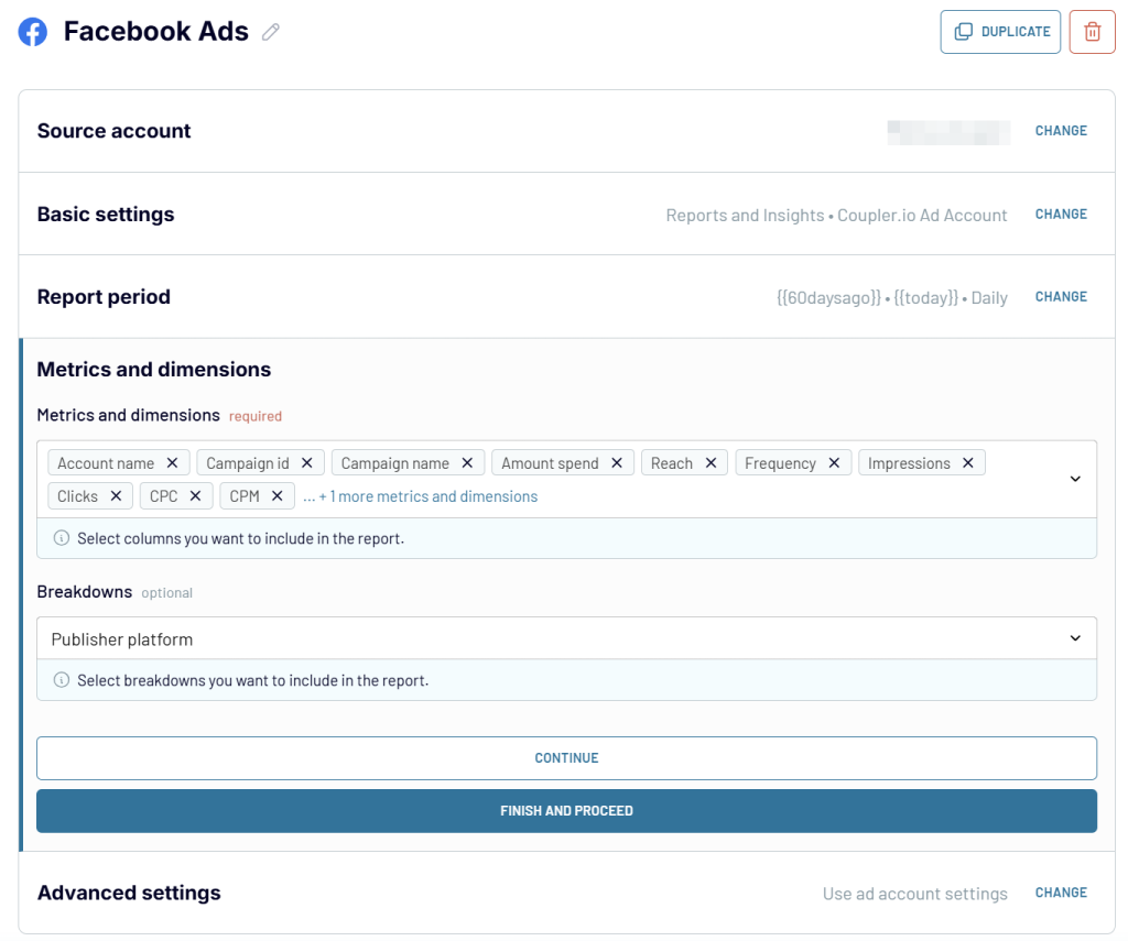 Facebook Ads source configuration